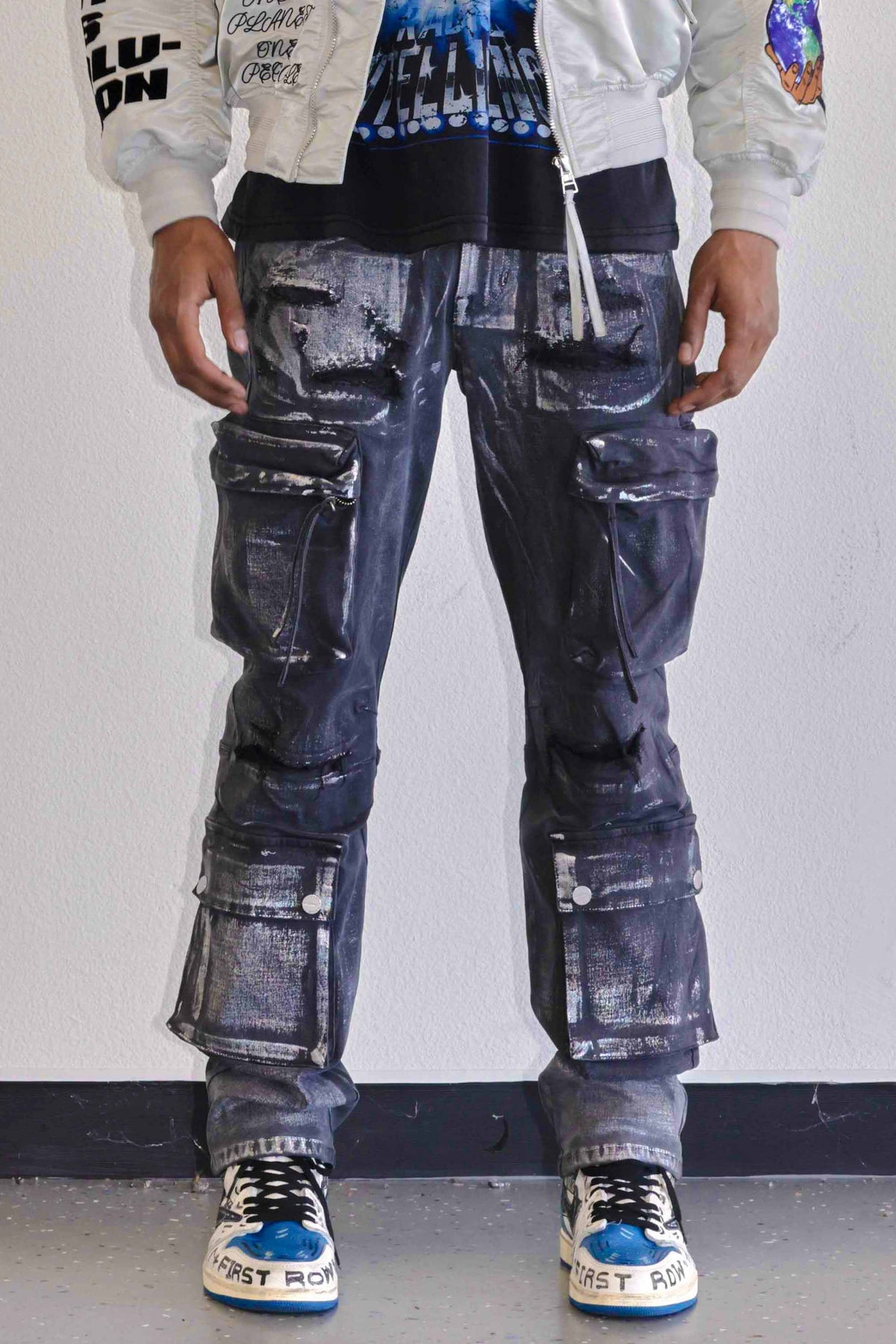 【DIAGONAL】BLACK FOIL DENIM PANTS Rick Owens DRKSHDW Double Cargo Jean 13oz Foil Denim Black