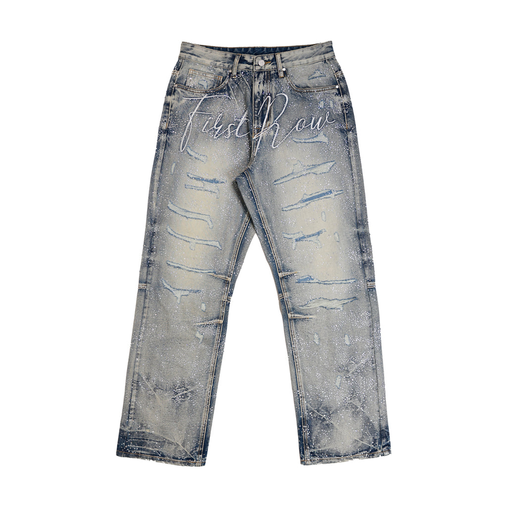 ALLOVER RHINE STONE DENIM RIPPED PANTS