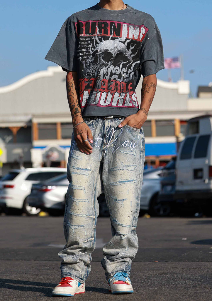 ALLOVER RHINE STONE DENIM RIPPED PANTS