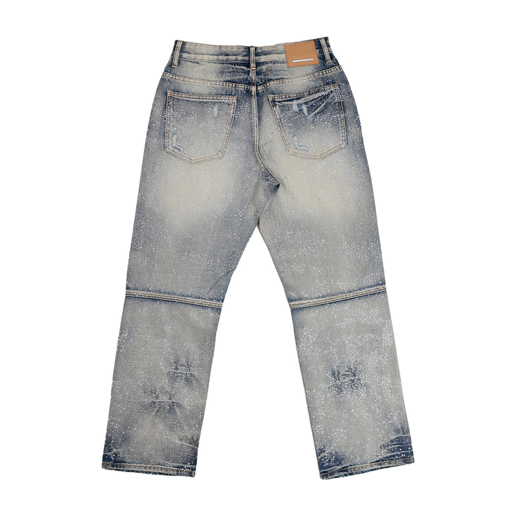 ALLOVER RHINE STONE DENIM RIPPED PANTS