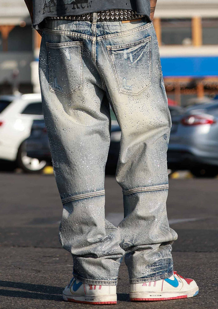 ALLOVER RHINE STONE DENIM RIPPED PANTS