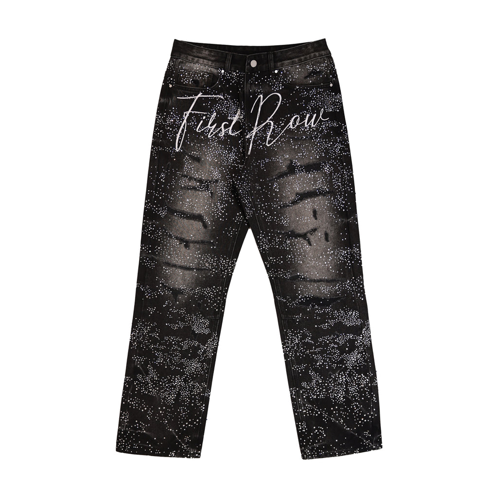 ALLOVER RHINE STONE BLACK RIPPED PANTS