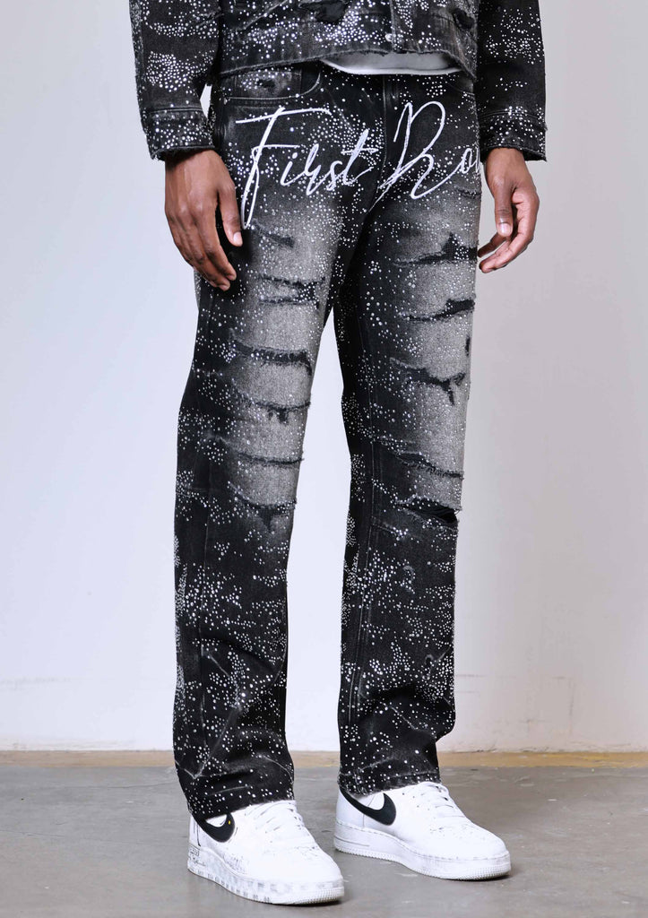 ALLOVER RHINE STONE BLACK RIPPED PANTS