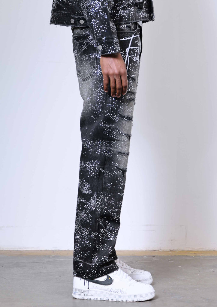 ALLOVER RHINE STONE BLACK RIPPED PANTS