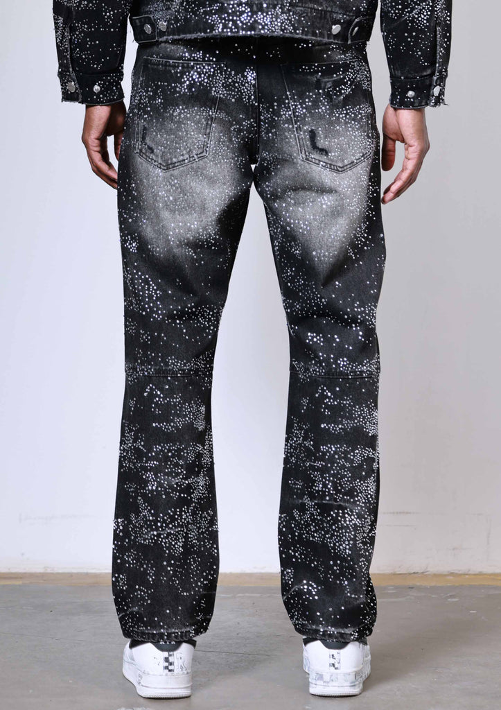 ALLOVER RHINE STONE BLACK RIPPED PANTS