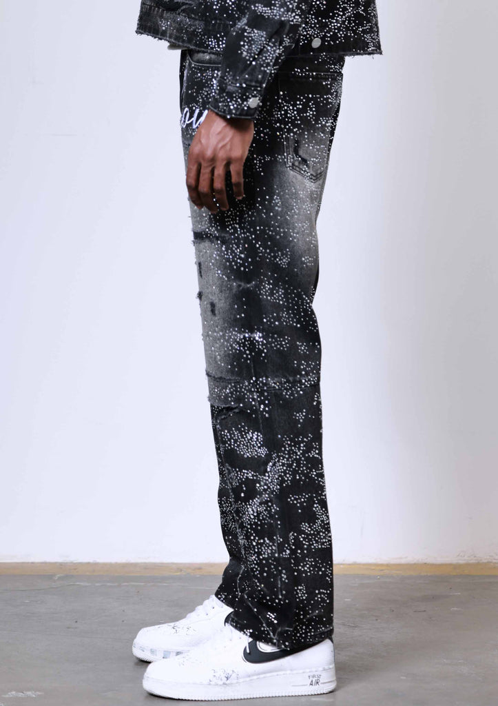 ALLOVER RHINE STONE BLACK RIPPED PANTS