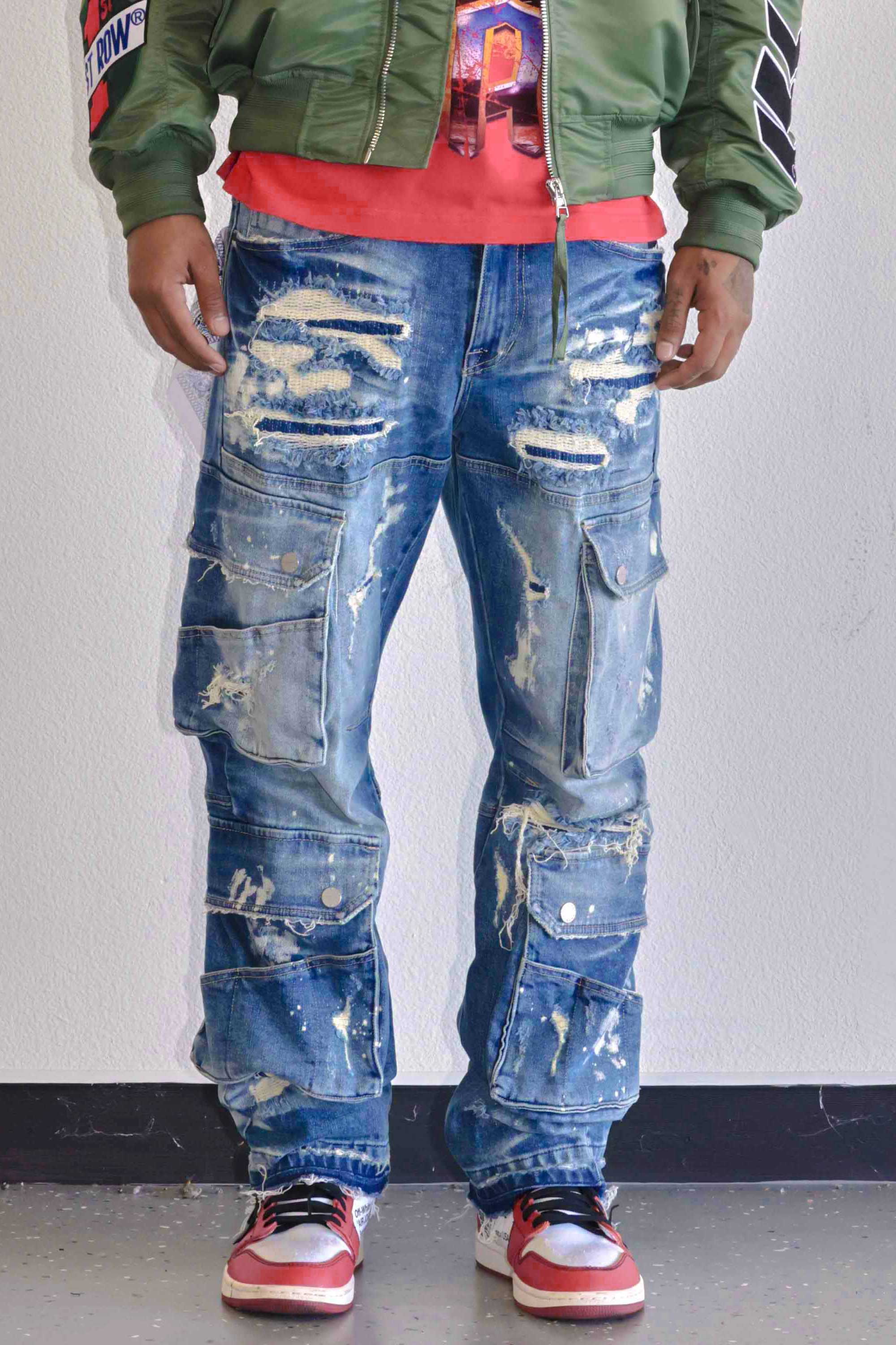 UTILITY CARGO REPAIR DENIM PANTS