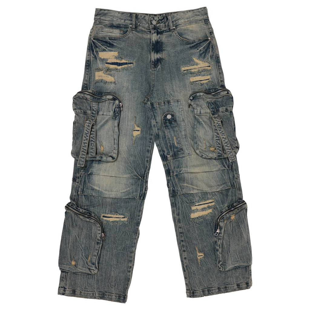 WASHED MULTI CARGO DENIM Y2K PANTS