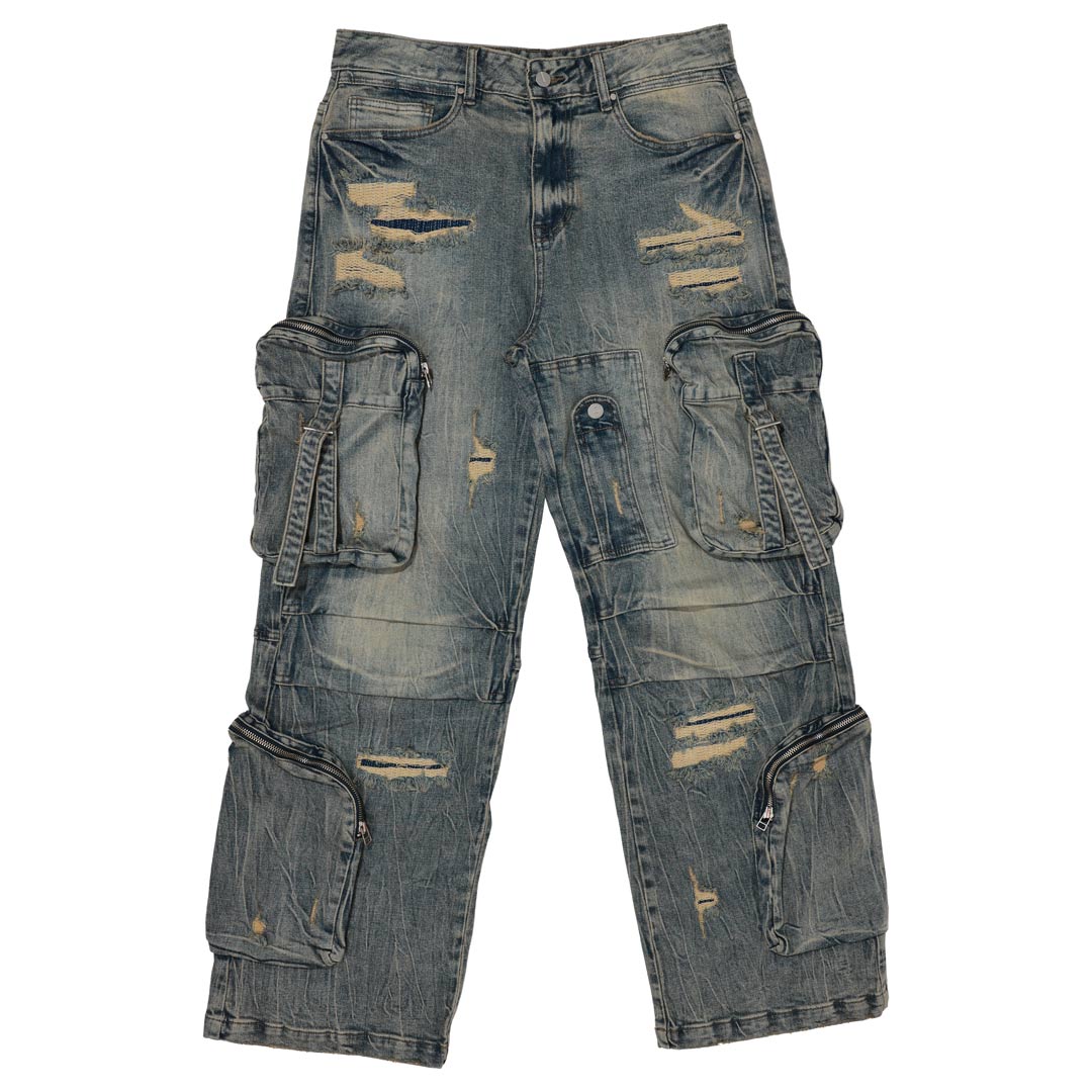 WASHED MULTI CARGO DENIM Y2K PANTS