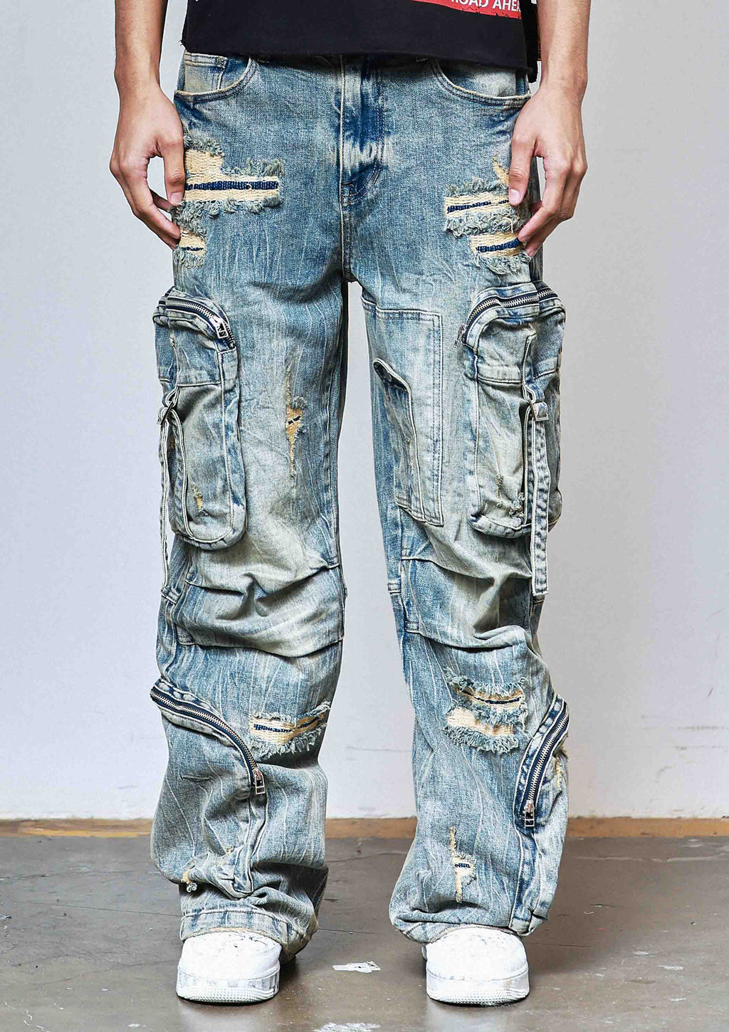WASHED MULTI CARGO DENIM Y2K PANTS