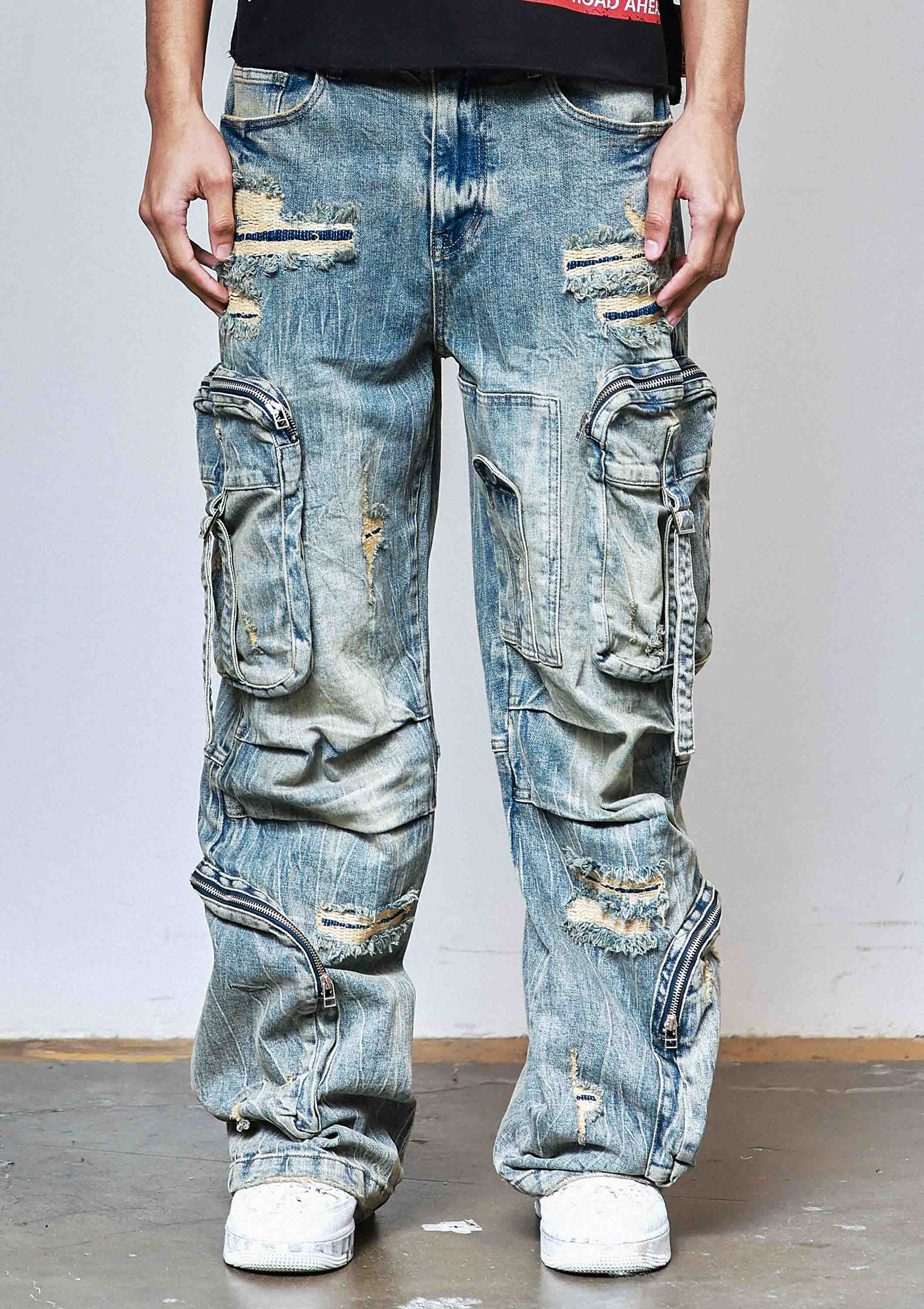 WASHED MULTI CARGO DENIM Y2K PANTS