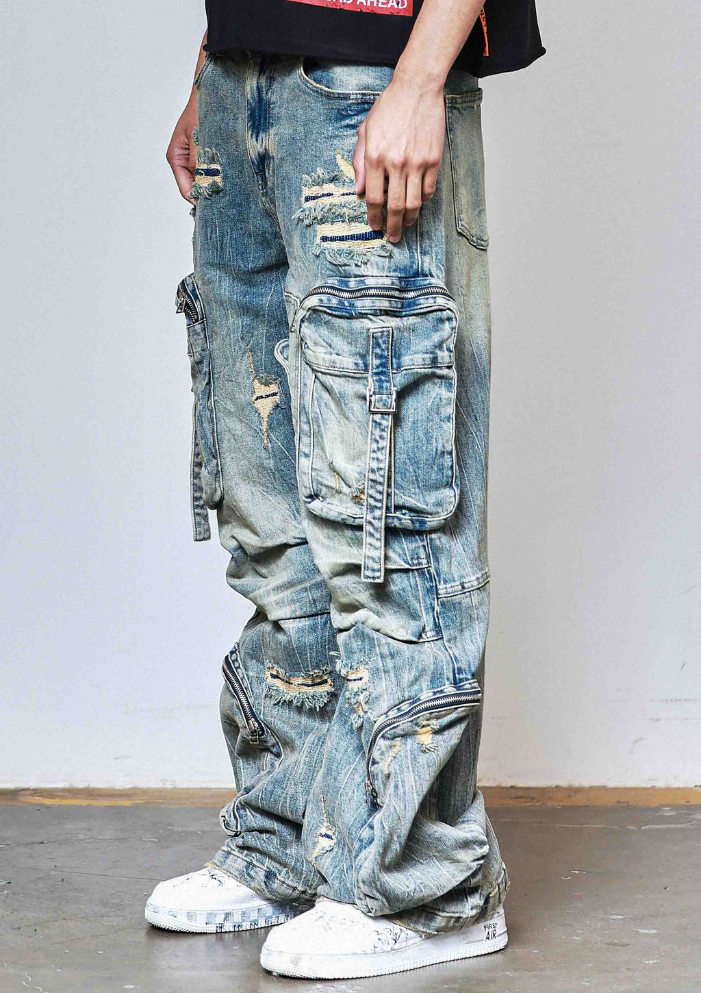 WASHED MULTI CARGO DENIM Y2K PANTS