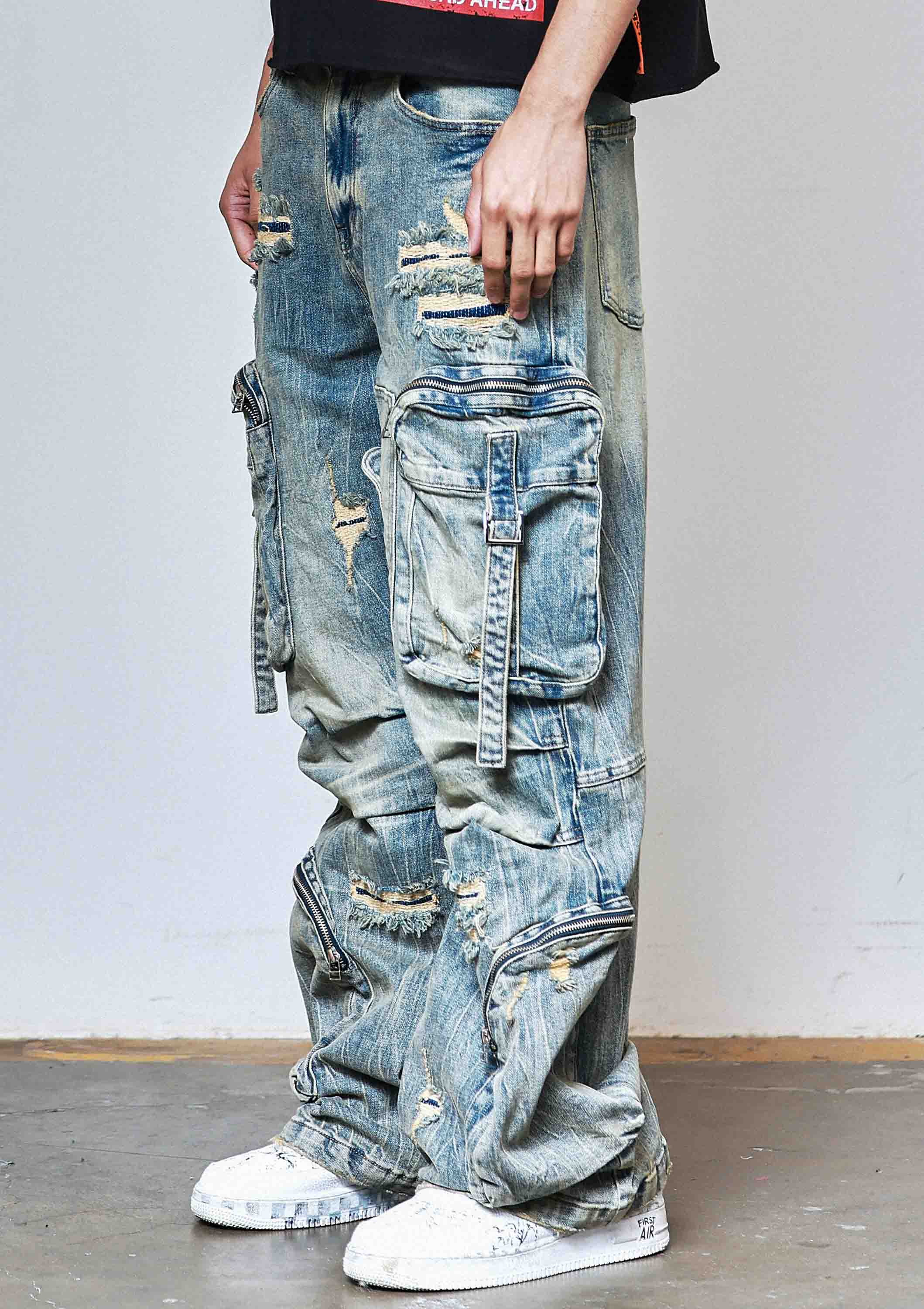 WASHED MULTI CARGO DENIM Y2K PANTS