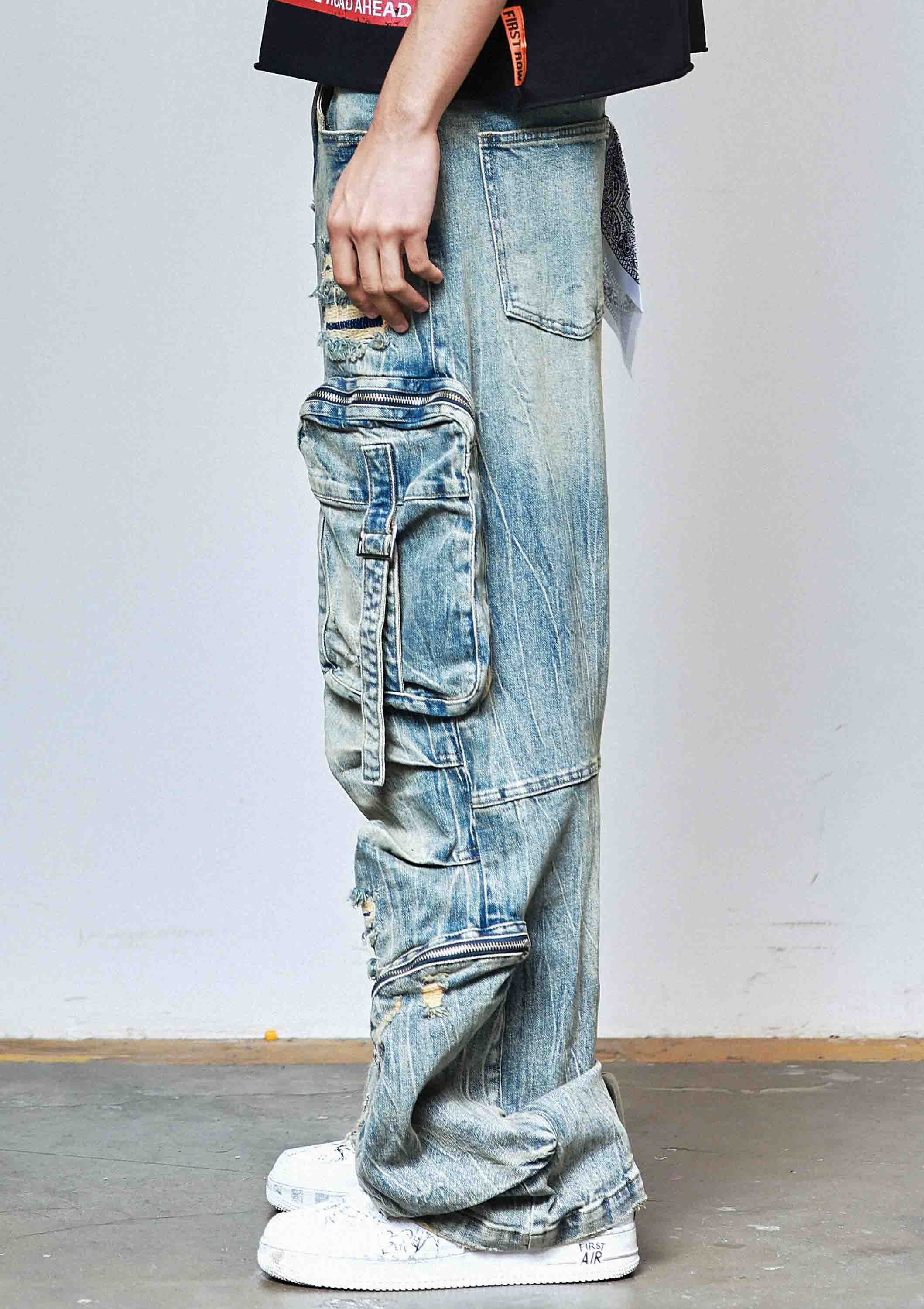 WASHED MULTI CARGO DENIM Y2K PANTS