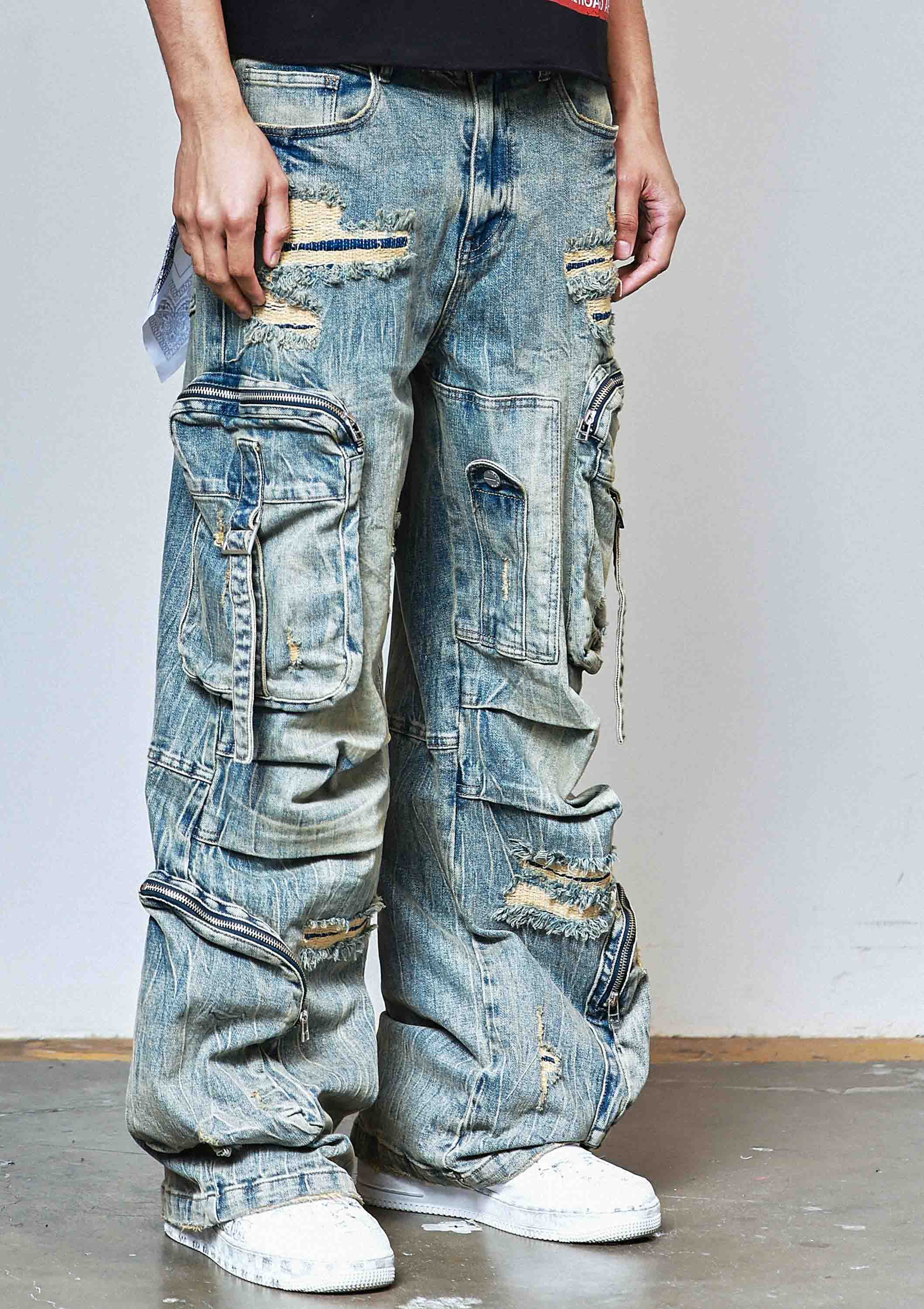 WASHED MULTI CARGO DENIM Y2K PANTS
