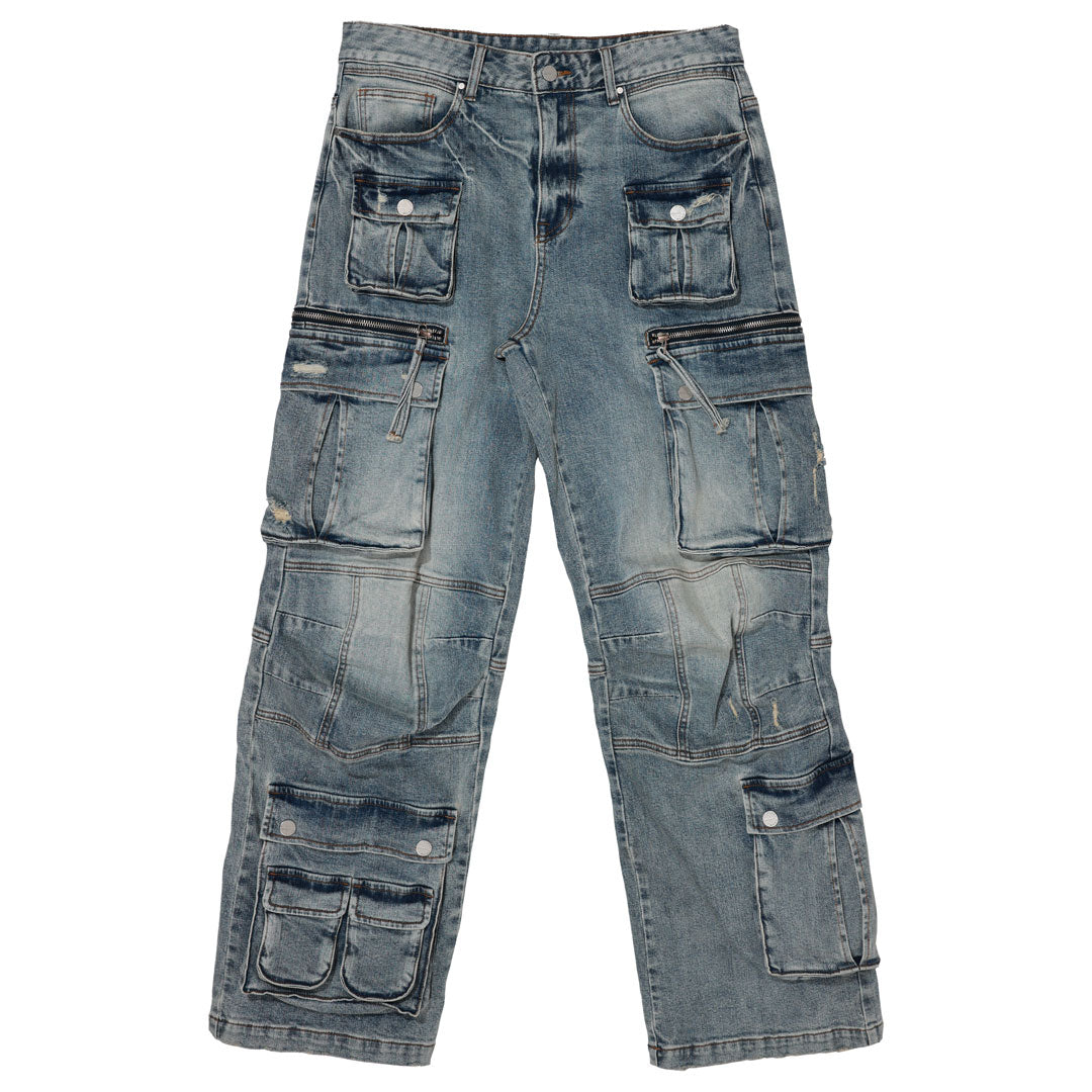 WASHED MULTI CARGO DENIM Y2K PANTS