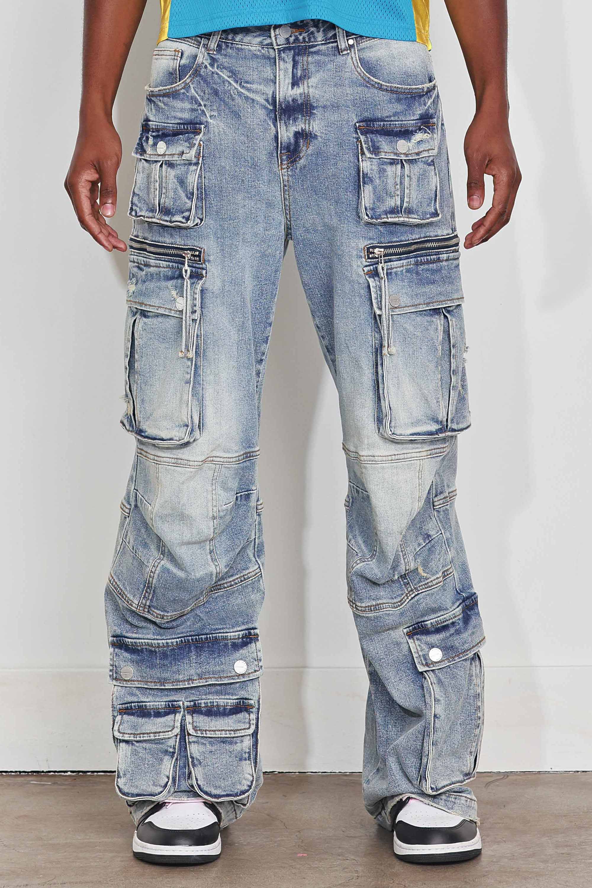 WASHED MULTI CARGO DENIM Y2K PANTS