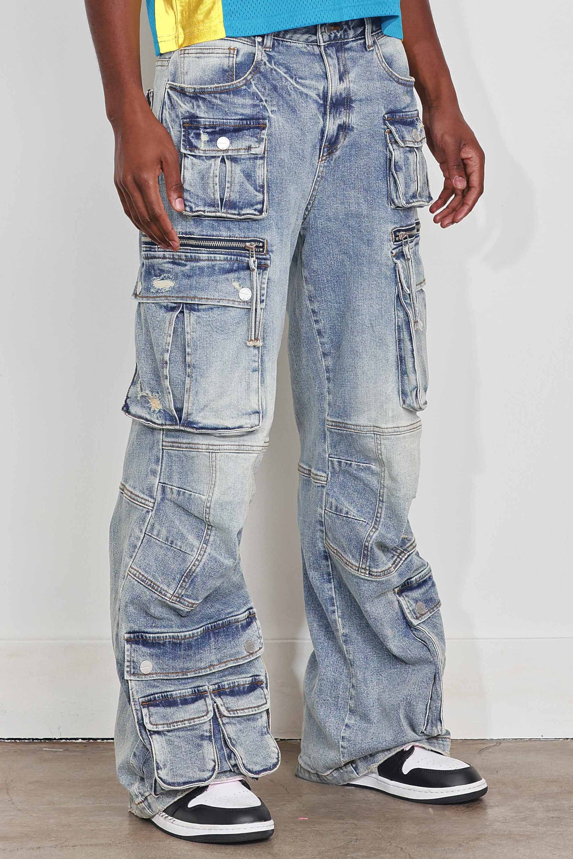 WASHED MULTI CARGO DENIM Y2K PANTS