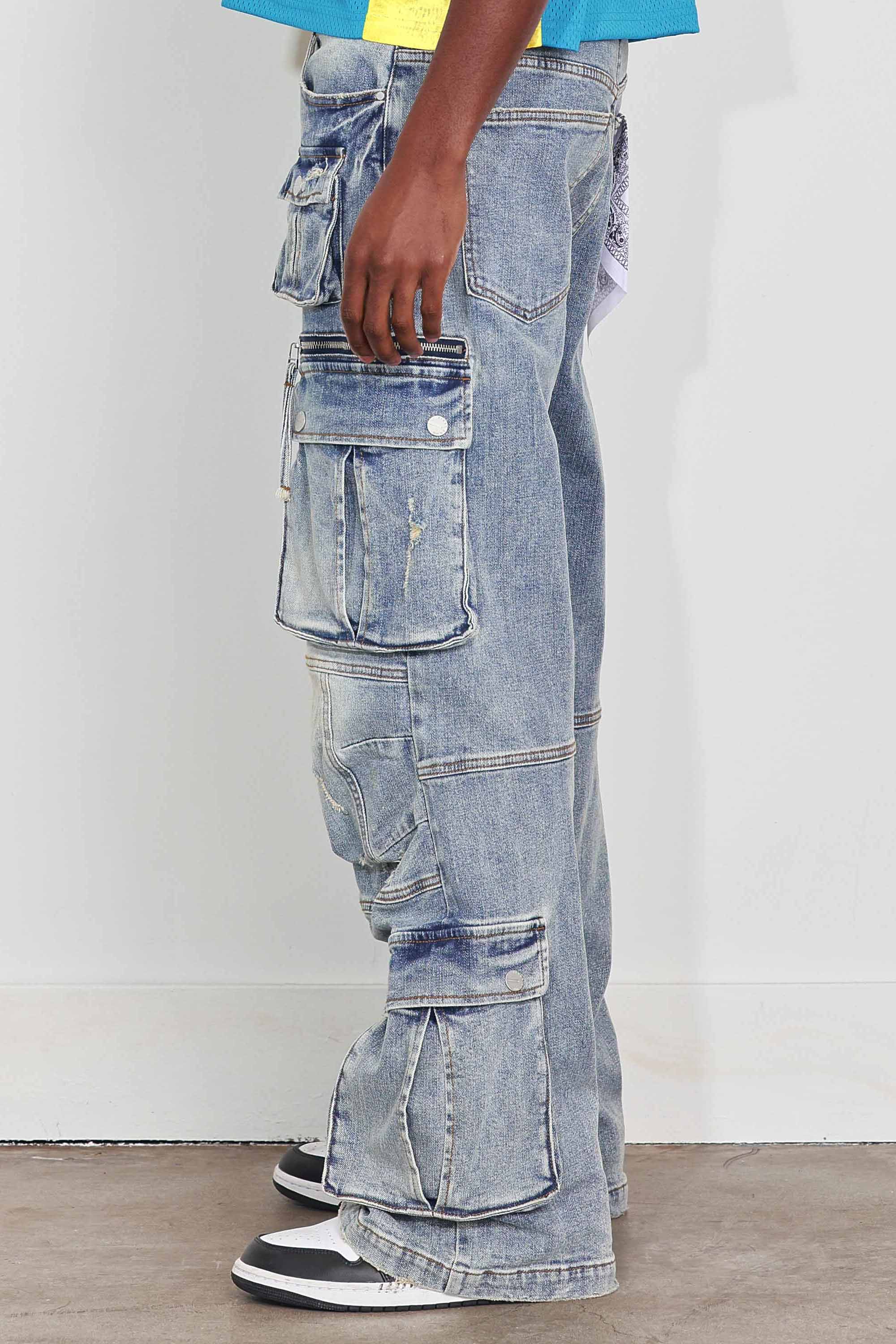 WASHED MULTI CARGO DENIM Y2K PANTS