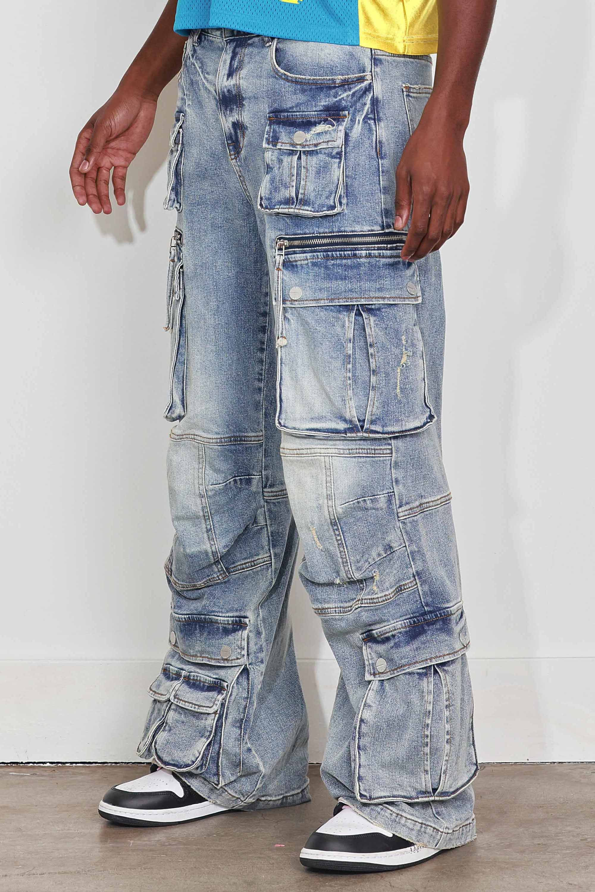 WASHED MULTI CARGO DENIM Y2K PANTS