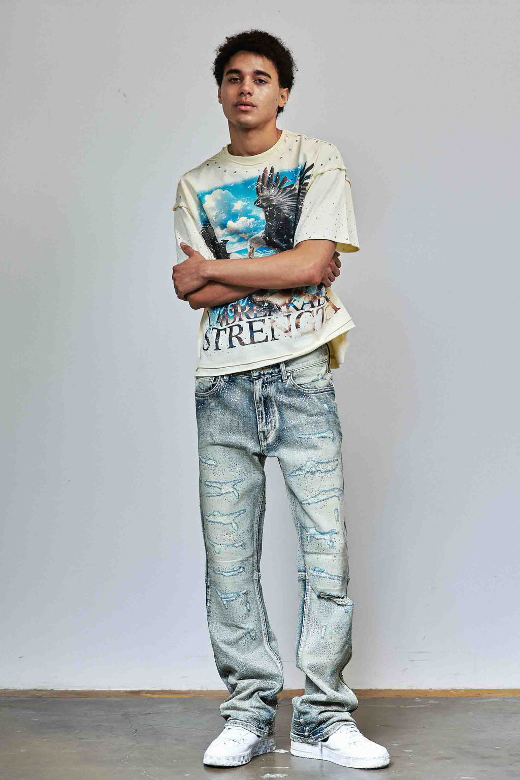 ALLOVER RHINESTONE DENIM FLARE JEANS