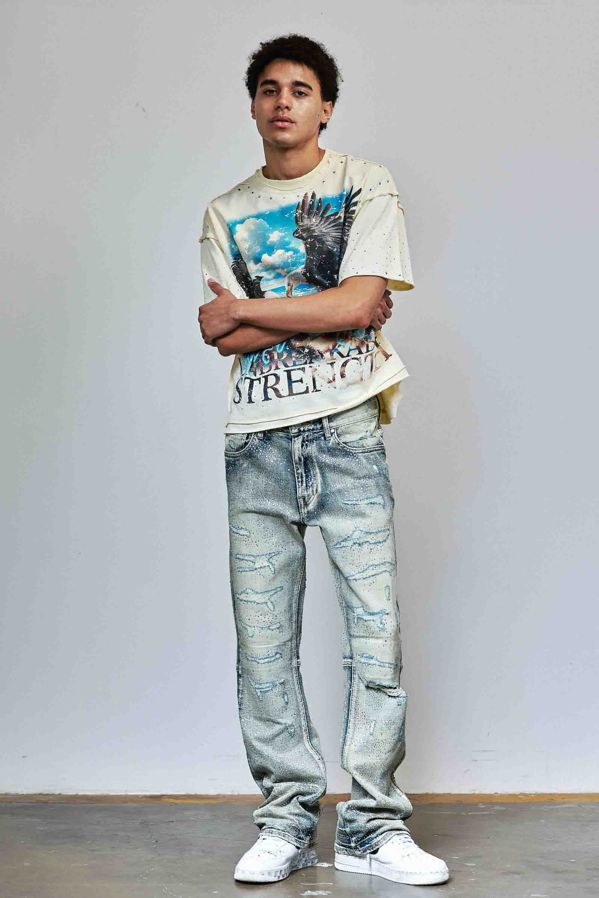 ALLOVER RHINESTONE DENIM FLARE JEANS