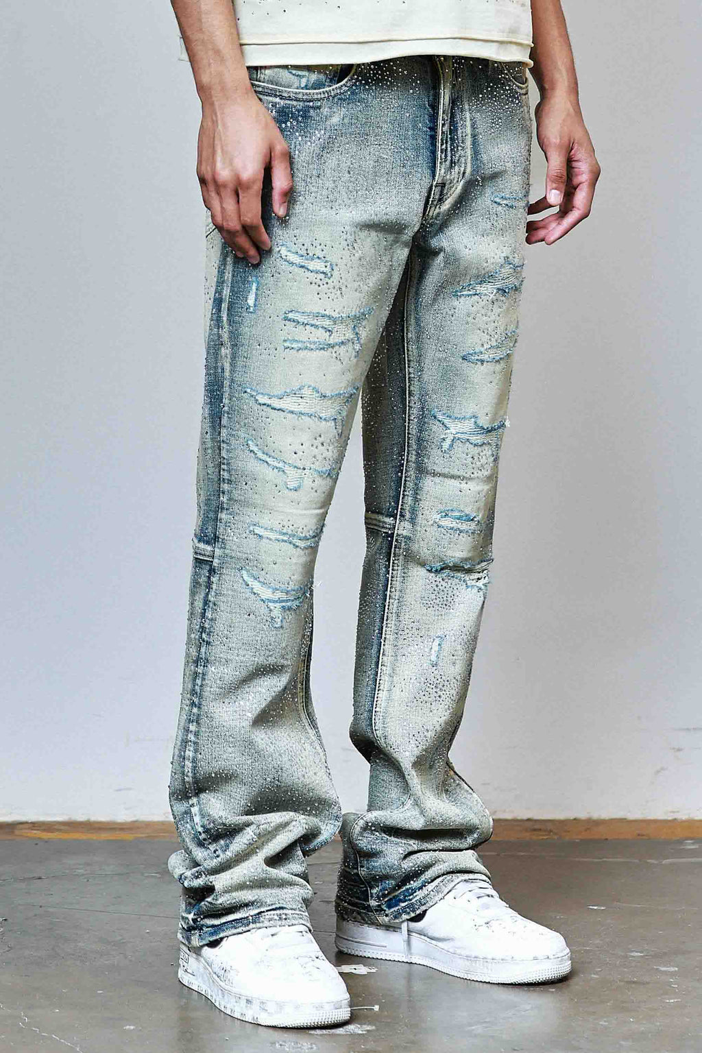 ALLOVER RHINESTONE DENIM FLARE JEANS