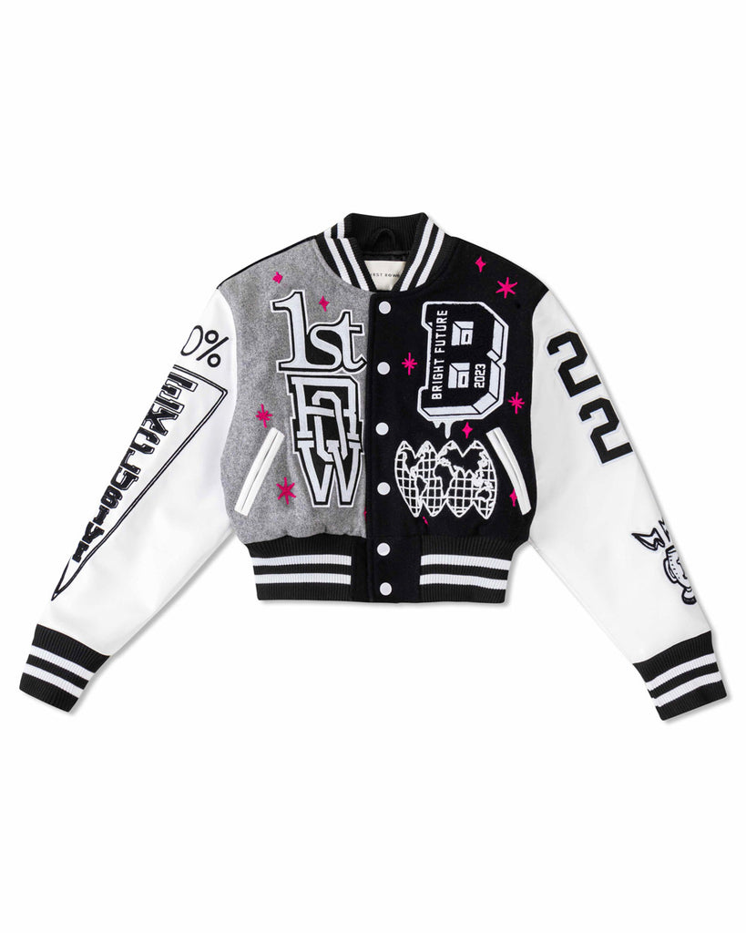 BRIGHT FUTURE CROPPED VARSITY JACKET