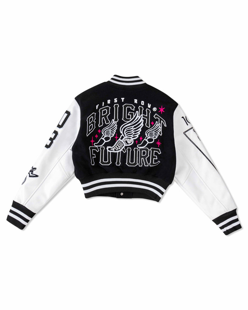 BRIGHT FUTURE CROPPED VARSITY JACKET