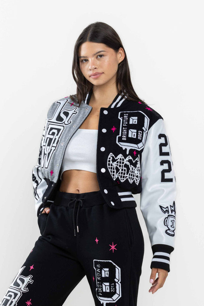 BRIGHT FUTURE CROPPED VARSITY JACKET