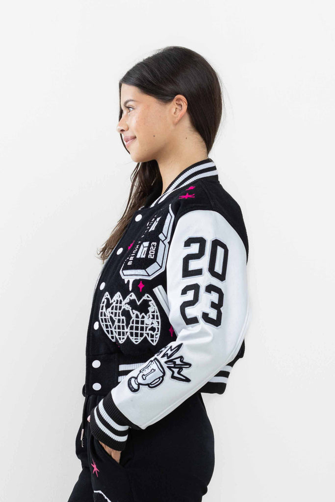 BRIGHT FUTURE CROPPED VARSITY JACKET