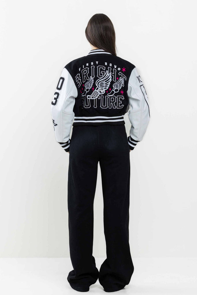 BRIGHT FUTURE CROPPED VARSITY JACKET