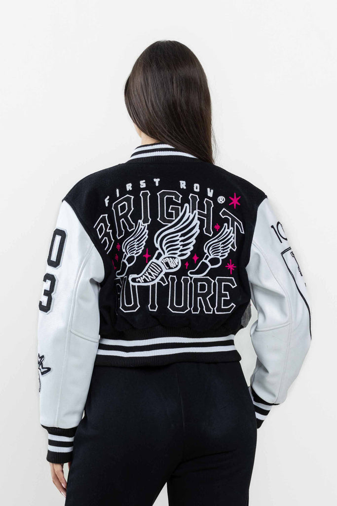 BRIGHT FUTURE CROPPED VARSITY JACKET