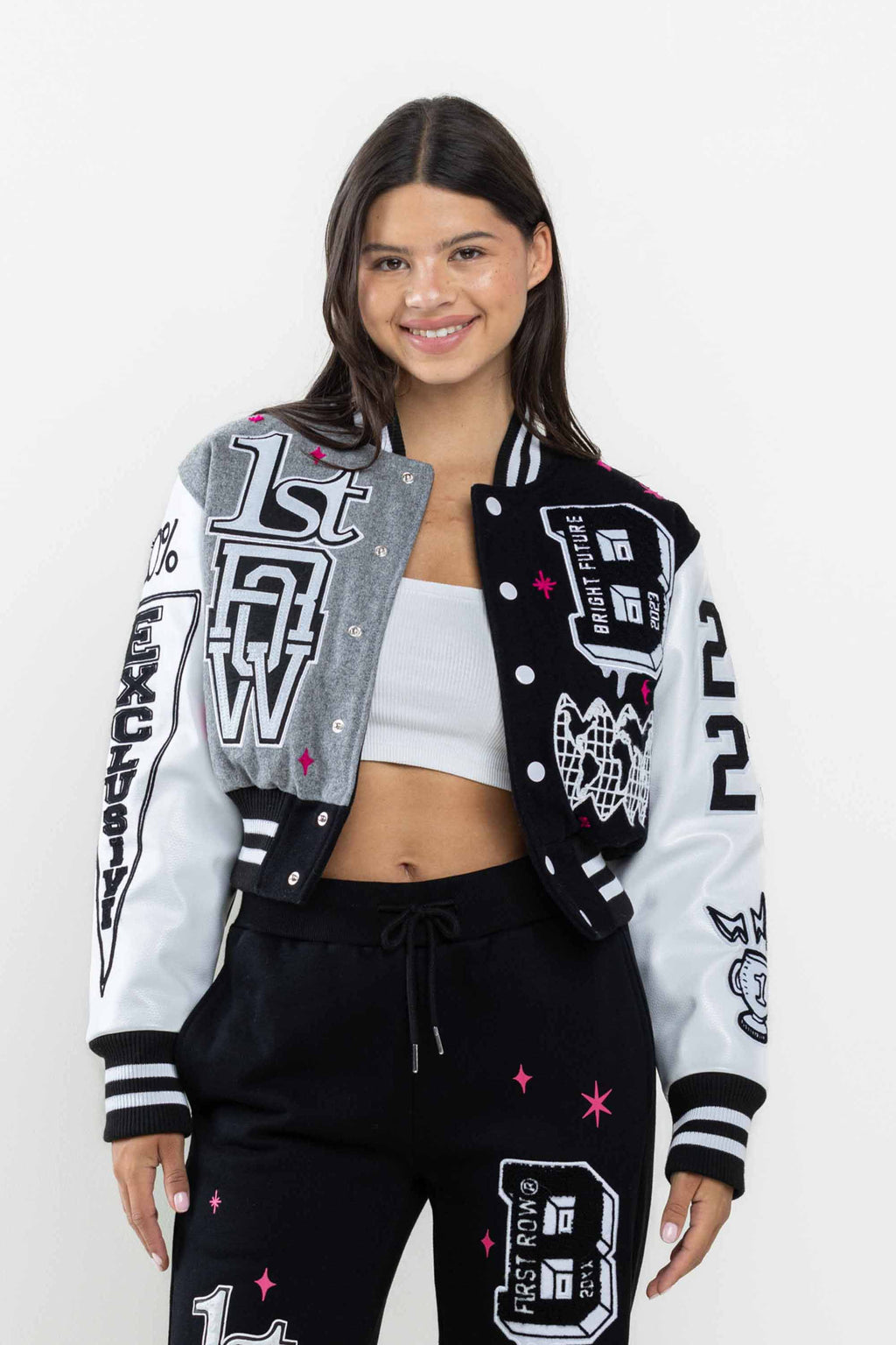 BRIGHT FUTURE CROPPED VARSITY JACKET