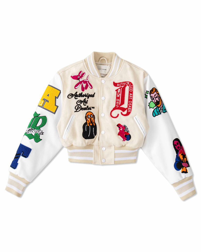 ART DEALER GRAPHIC CROPPED VARSITY JACKET