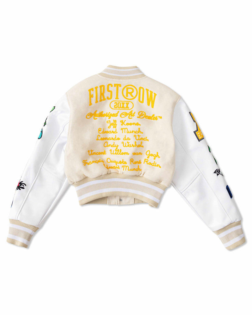 ART DEALER GRAPHIC CROPPED VARSITY JACKET