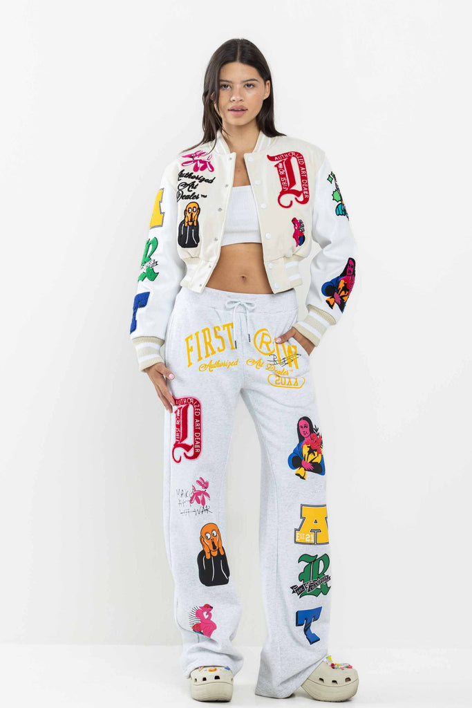 ART DEALER GRAPHIC CROPPED VARSITY JACKET