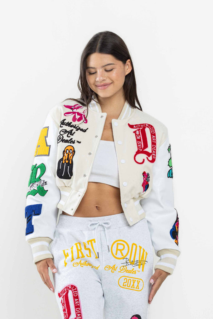 ART DEALER GRAPHIC CROPPED VARSITY JACKET