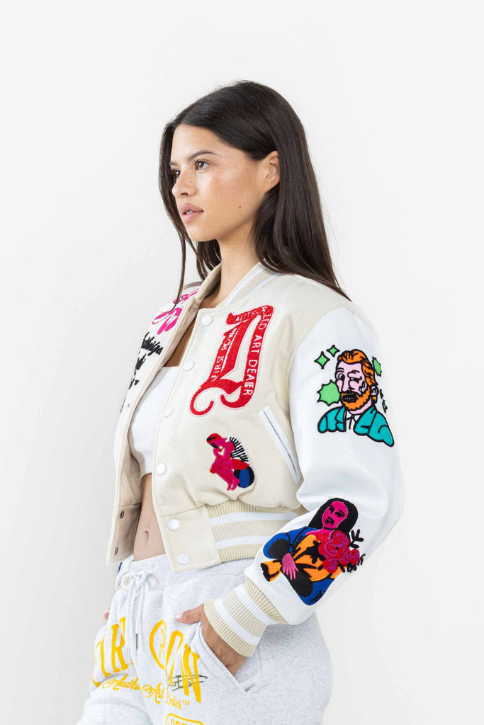 ART DEALER GRAPHIC CROPPED VARSITY JACKET