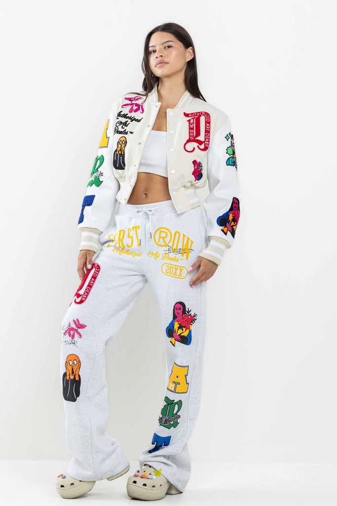 ART DEALER GRAPHIC CROPPED VARSITY JACKET