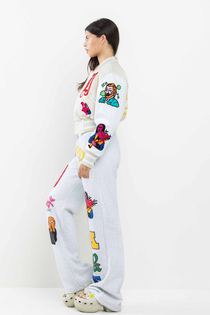 ART DEALER GRAPHIC CROPPED VARSITY JACKET