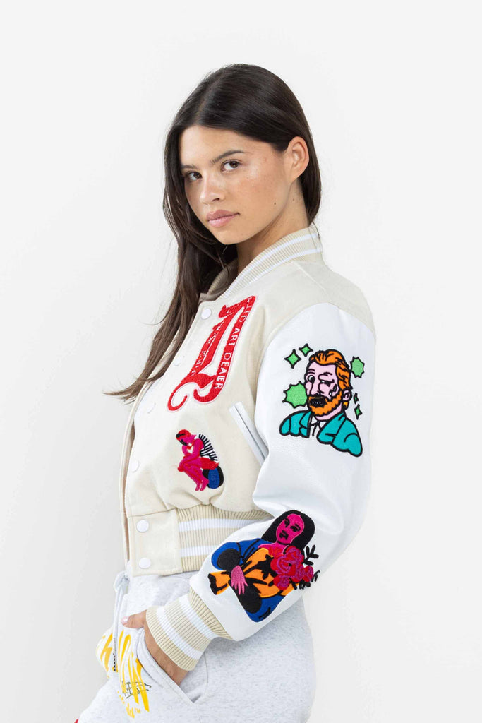 ART DEALER GRAPHIC CROPPED VARSITY JACKET