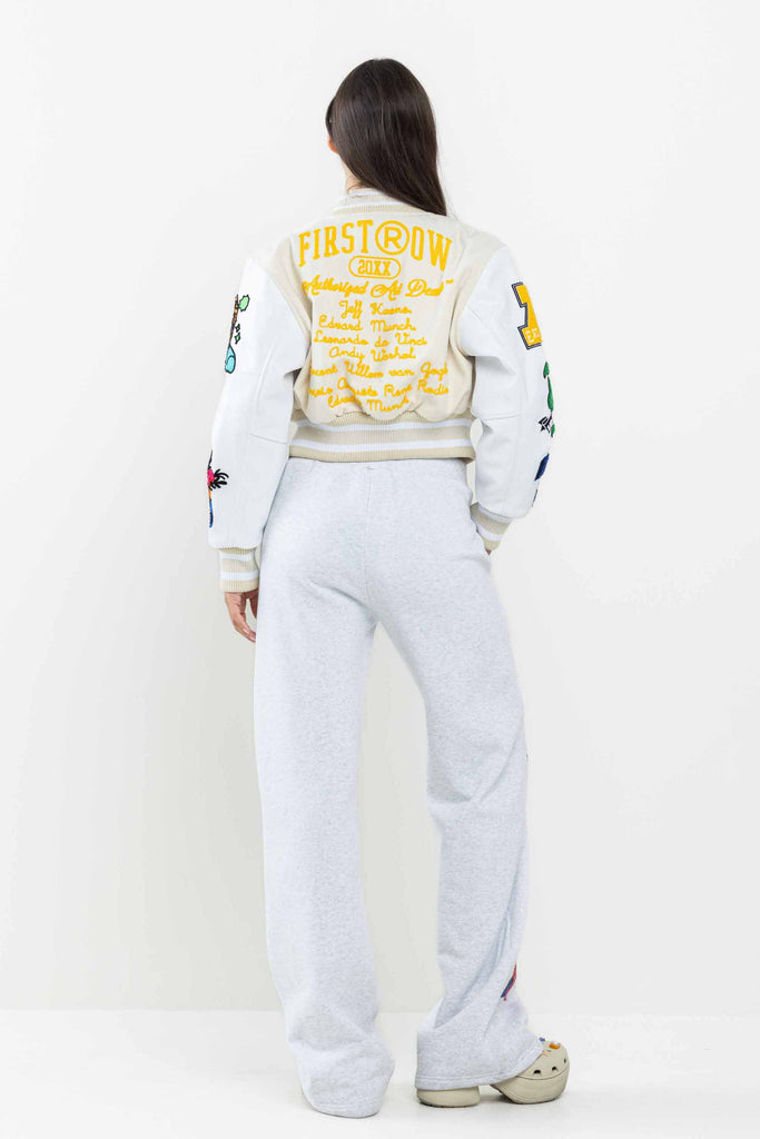 ART DEALER GRAPHIC CROPPED VARSITY JACKET