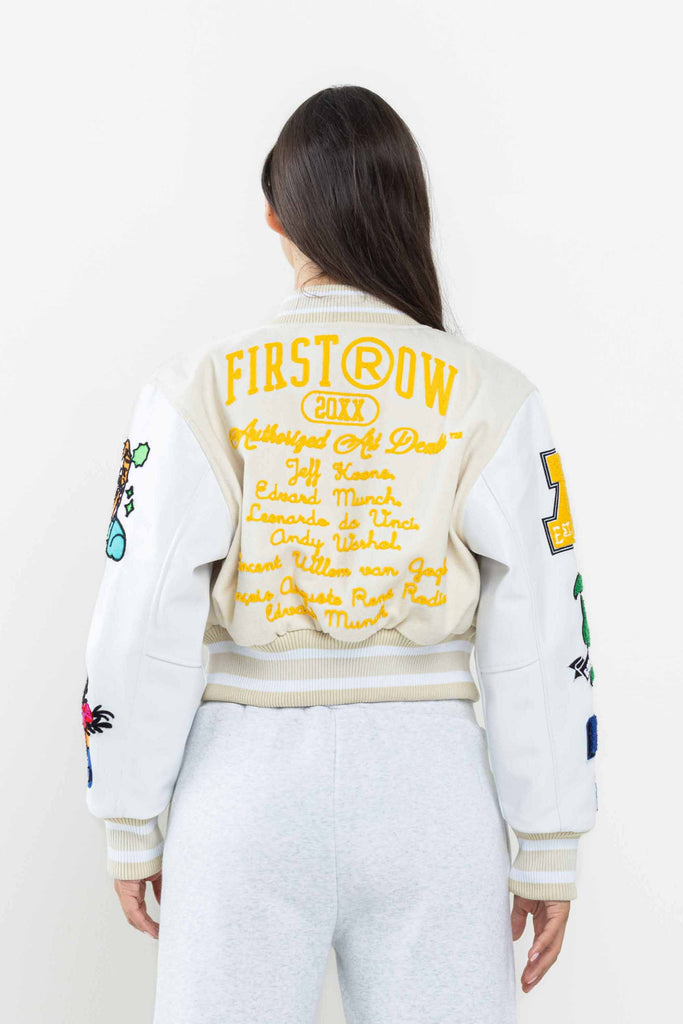 ART DEALER GRAPHIC CROPPED VARSITY JACKET