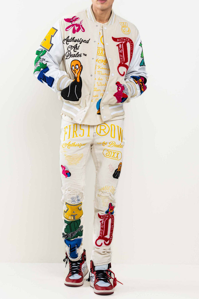 ART DEALER GRAPHIC VARSITY JACKET