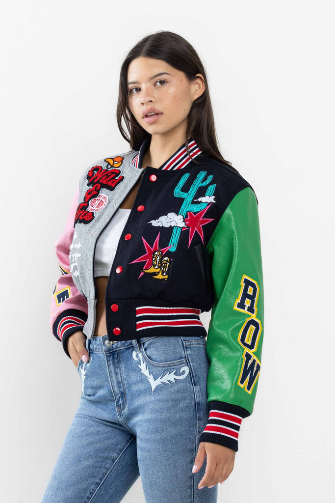 WILD AND FREE CROPPED VARSITY JACKET