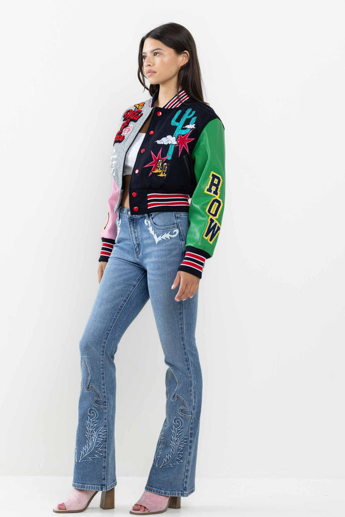 WILD AND FREE CROPPED VARSITY JACKET