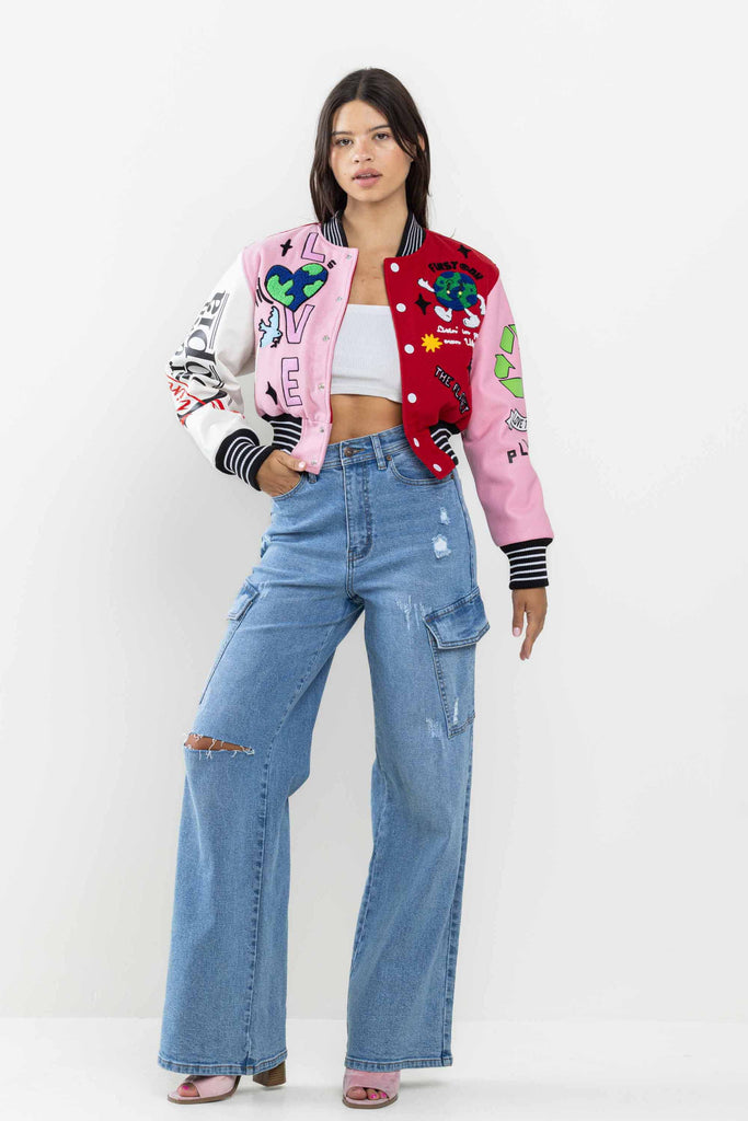 NO.1 BEST PLANET CROPPED VARSITY JACKET