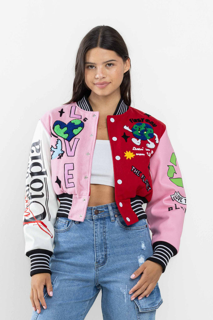 NO.1 BEST PLANET CROPPED VARSITY JACKET