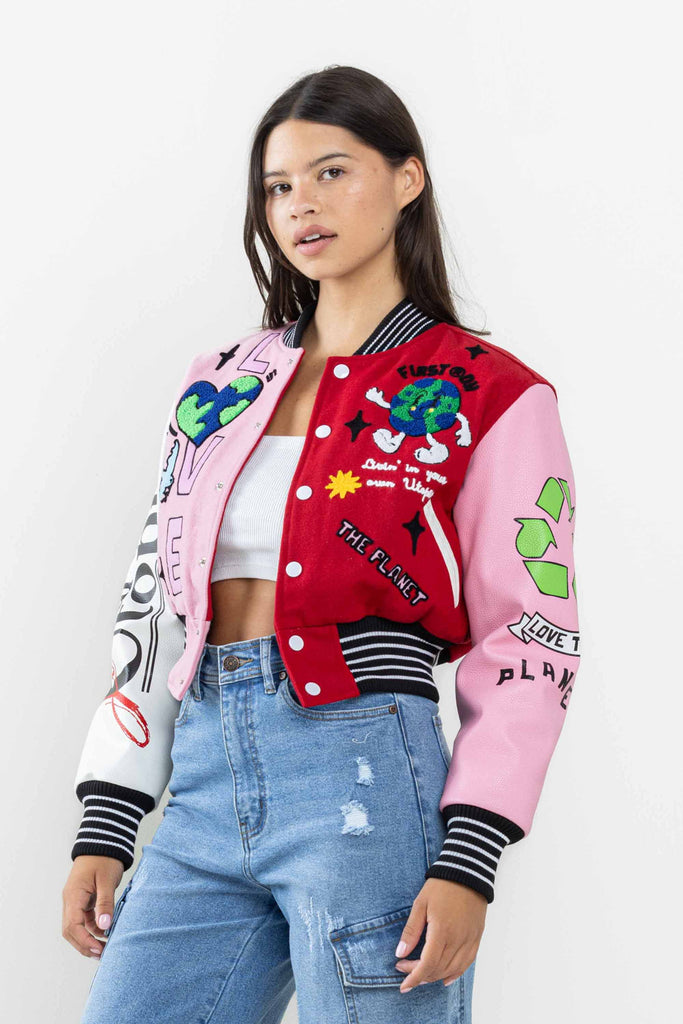 NO.1 BEST PLANET CROPPED VARSITY JACKET